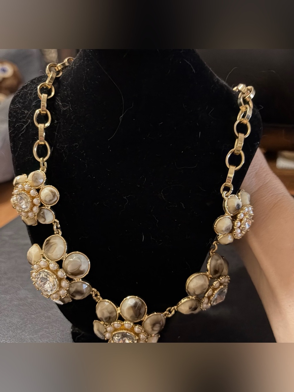 Anne Taylor Gold Floral Statement Necklace with Cream and Taupe Accents